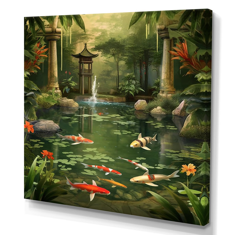 Bamboo and Koi Pond Showcase I - Art mural en bambou, H 24 po x l 24 po x P 1 po, Toile tendue