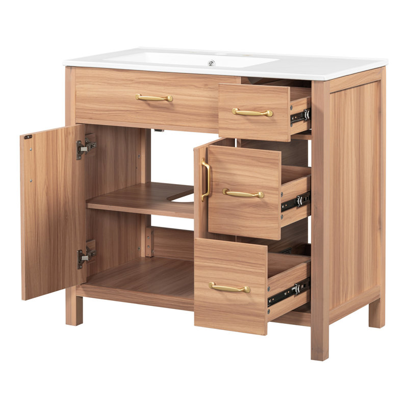 Meuble-lavabo de 36 po avec bois massif, 2 portes à fermeture douce, 3 tiroirs, lavabo en céramique, tablette ajustable pour matériaux de décoration compacts, petites salles de bain