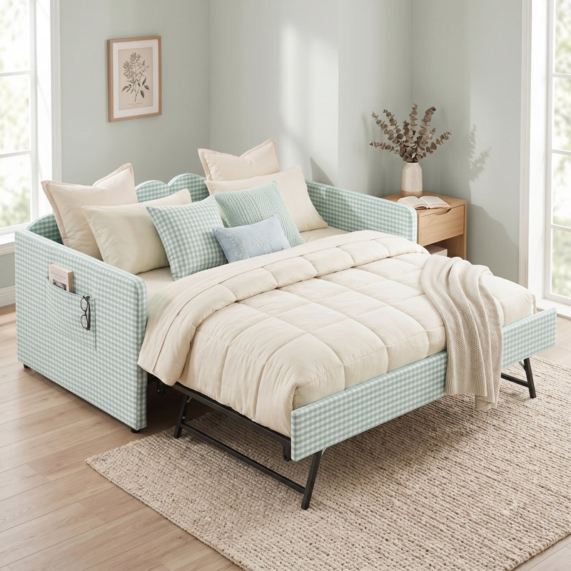 Lit de jour classique rembourré en bois massif avec lit gigogne convertible en bois massif pour chambre d'amis Gingham Classic