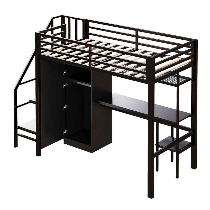 Lit mezzanine en métal avec garde-robe, bureau et étagère de rangement ouverte, Noir