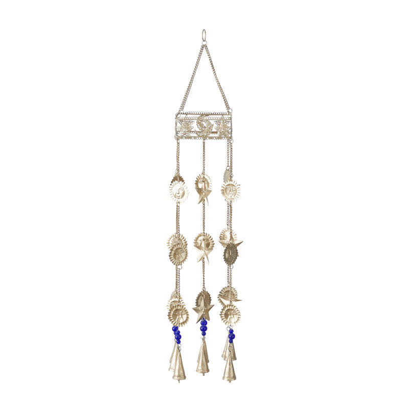 Carillon doré extérieur en métal Toomey Sun and Star avec perles de verre et clochettes