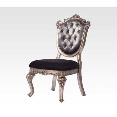 Grey Side Chair  2  - Silver Gray Fabric, Comfortable Seat, Finish 2 Chairs Antique Platinum Detailing, Seat Cushion, Detail