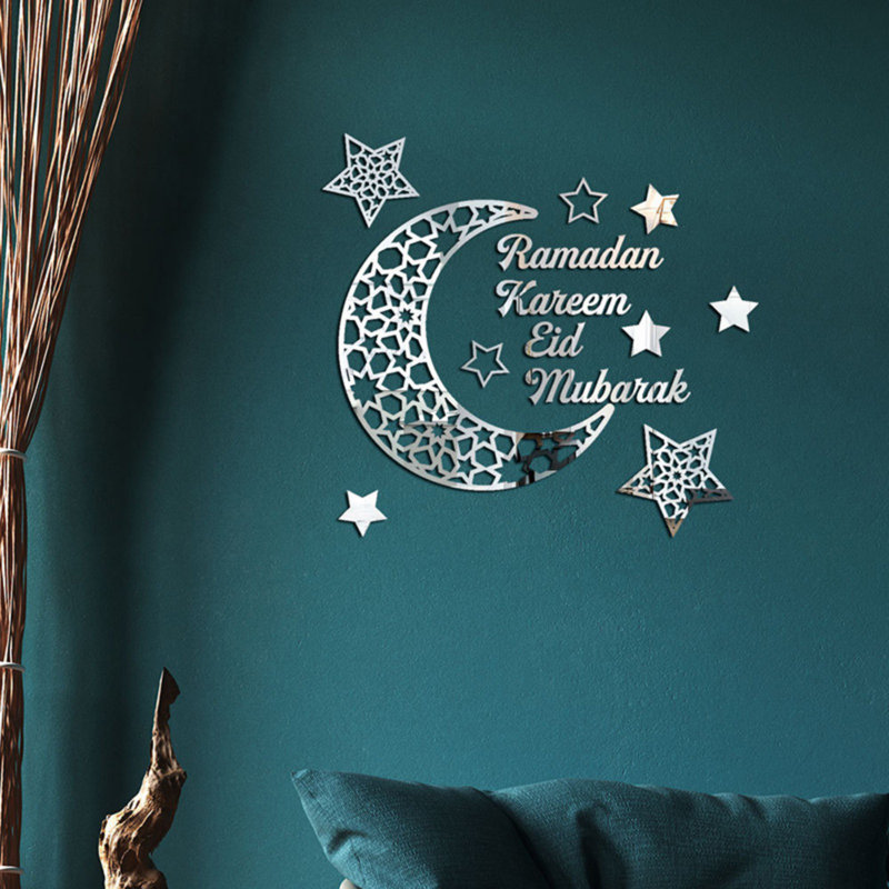 Ramadan lune étoile croissant miroir acrylique autocollant mural 3D autocollant Eid Mubarak décor pour portes fenêtres placards, Ramadan croissant autocollant mural 3D autocollant