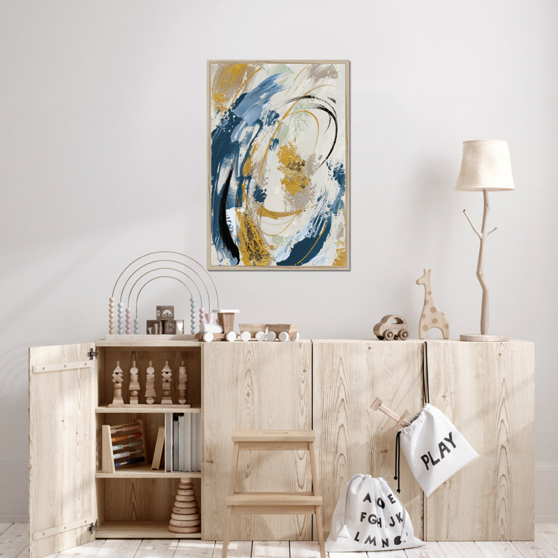 Blue Yellow Abstract - Painting, 95cm H x 65cm W x 2.3cm D, Natural Wood Framed Paper Print