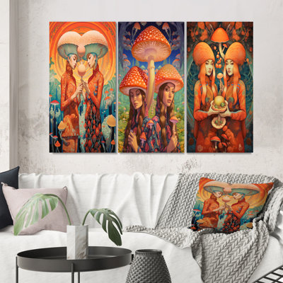"Orange surréalisme, champignon", 3 pièces sur toile