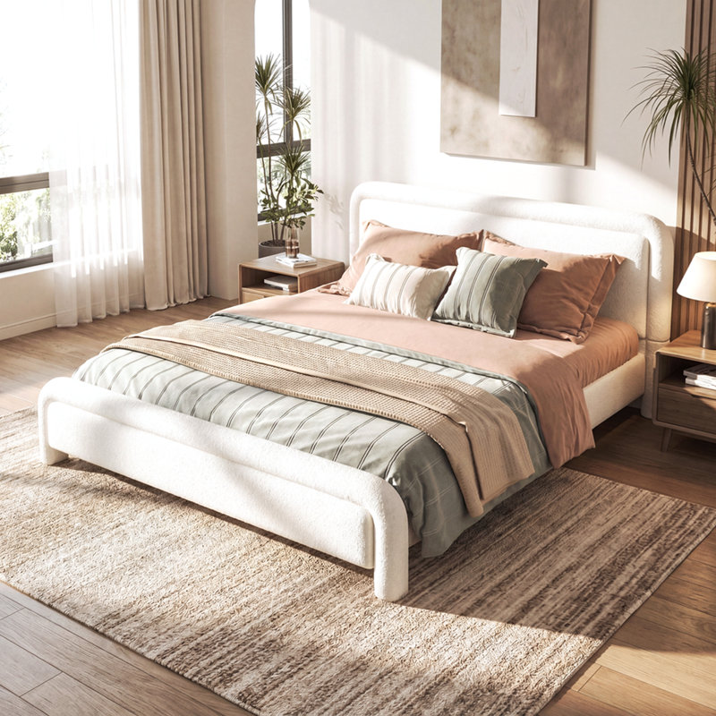 Base de lit tapissier grand format avec tête de lit courbée, lit en tissu moderne avec support en lattes de bois, aucun sommier requis, assemblage facile, blanc