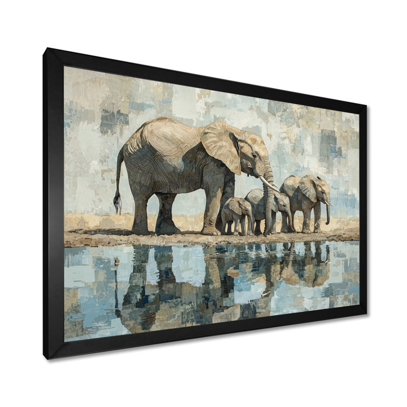 «Gullion Elephant Family At The Watering Hole I», art mural éléphant pour le salon, Reproduction encadrée d'une seule photo