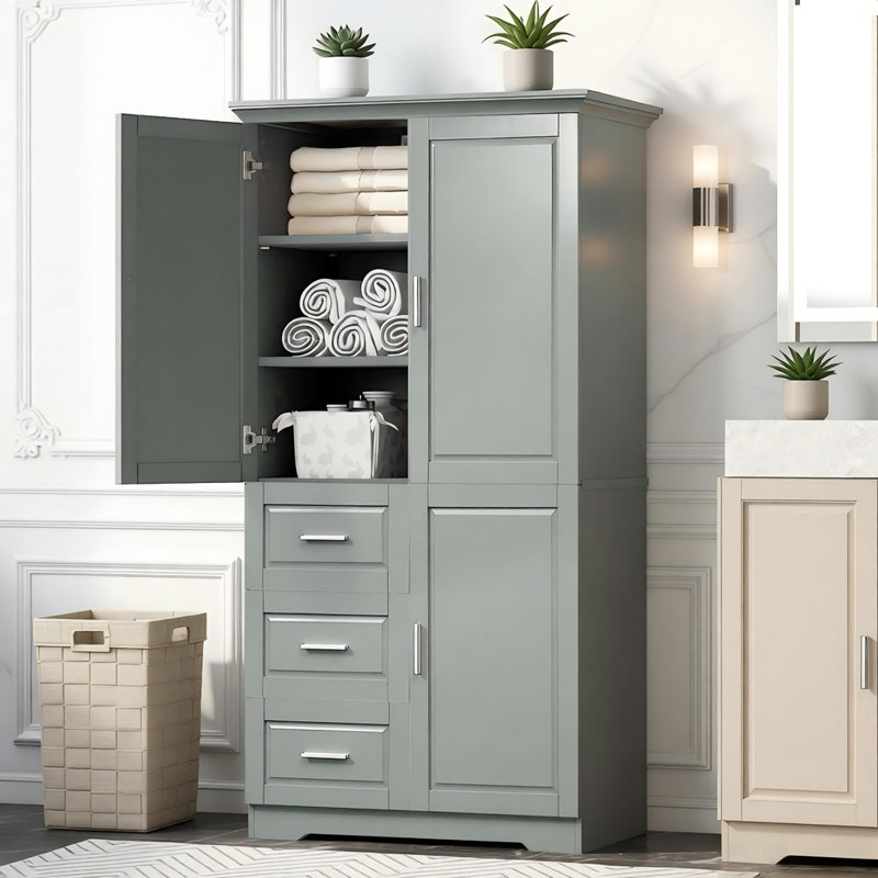 Armoire de rangement haute et large avec portes pour salle de bain / bureau, trois tiroirs, gris, Gray