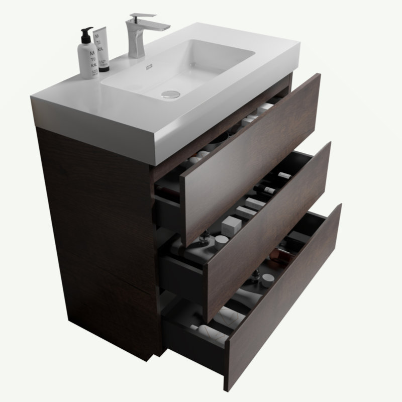 Meuble-lavabo autoportant de 36 po avec évier, grand meuble-lavabo autoportant pour salle de bain moderne, lavabo une pièce sans drain ni robinet, pré-assemblé