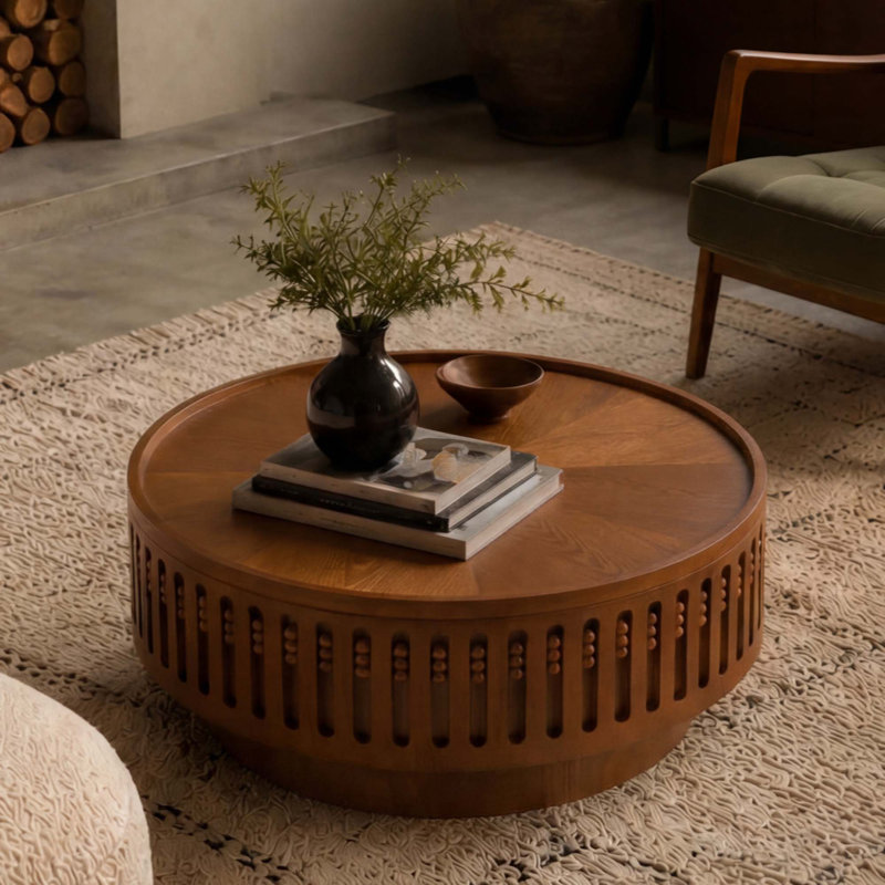 Table basse ronde, table de bout ronde en treillis, table d'appoint Boho avec fonction de rangement rabattable, option de rangement caché, pour le salon, la chambre à coucher