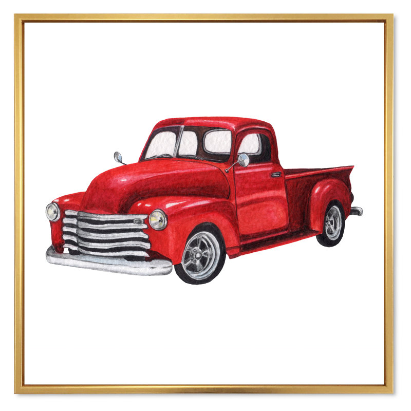 Camionnette rouge rétro - peinture sur toile, H 36 po x l 36 po x P 1,5 po, Toile à cadre flottant doré