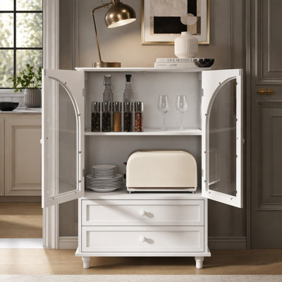 Armoire de rangement Farmhouse, porte en verre trempé arqué avec plateau à niveaux et 2 tiroirs pour une décoration intérieure élégante et fonctionnelle