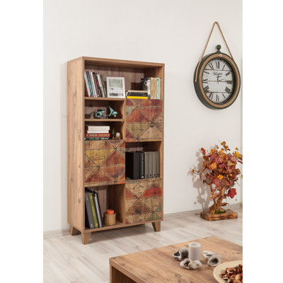 Bibliothèque moderne avec pieds en bois, pin atlantique, 31,5 po x 61,0 po x 14,2 po | 100% panneau de particules enduit de mélamine, revêtement UV, 5 tablettes | Conception cubique murale et élégante pour le rangement à la maison ou au bureau