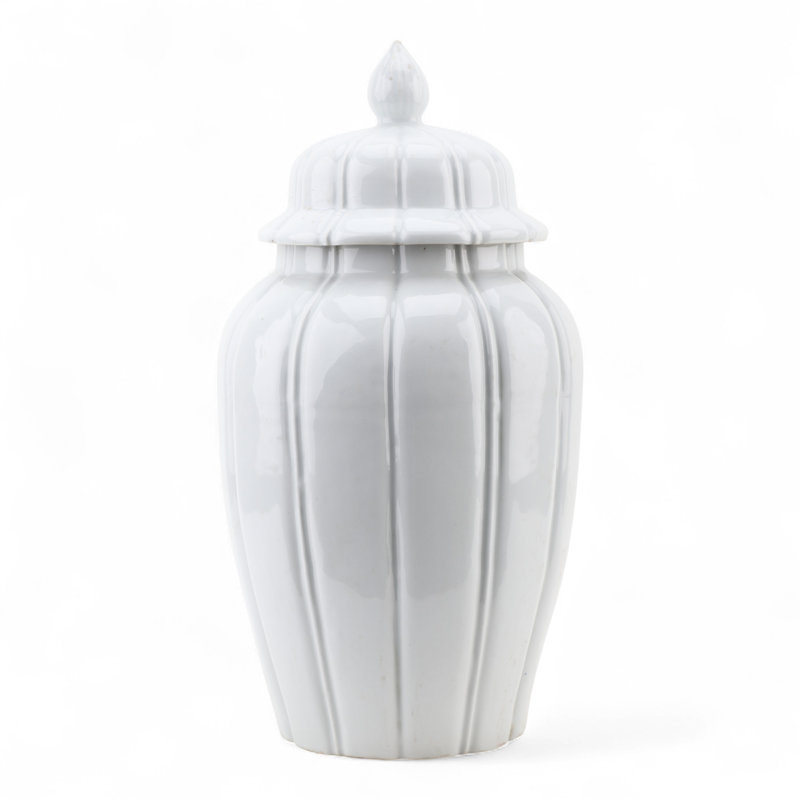 Celadon Ribbed Jar with Lid, White