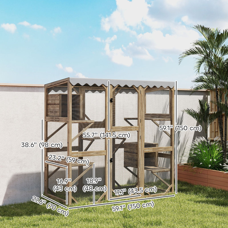 Enceinte d'extérieur pour chat Catio, maisonnette en bois 59 po avec fenêtre, 5 plateformes et 2 boîtes de repos, toit imperméable, cage pour chatons multiples, brun