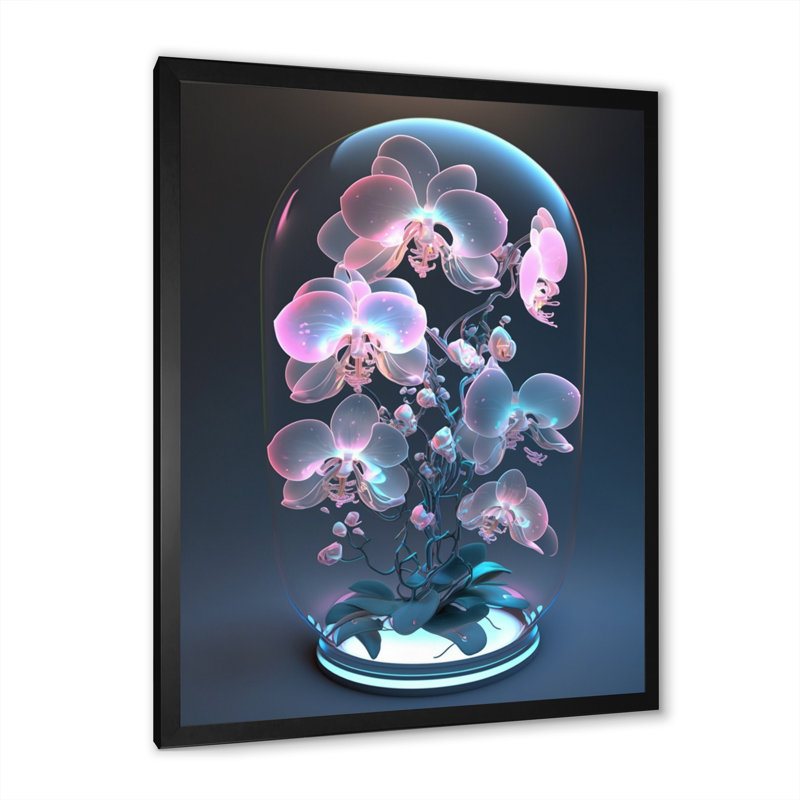 Orchidée blanche lumineuse avec lueur mauve I - reproduction sur toile, L 24 po x H 32 po, Cadre photo noir