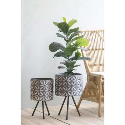 2 Metal Planter Stand Collection, Galvanized Grey Round Planters For Outdoor Spaces, With Dark Iron Frames, Rustic Atmosphere, 100% Iron, 12X19x19 & 10X17x17 Inches, 6.6Lbs Ensemble, Landscaping,