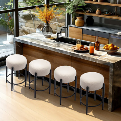 24" Modern Upholstered Bar Stool, Round Counter Height Stool with Black Metal Frame & Footrest, Soft Lambswool-Inspired Seat for Kitchen Island