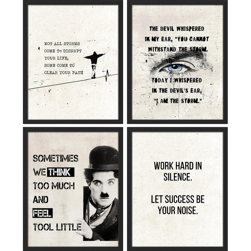 Charlie Chaplin noir et blanc 4 pièces, Cadre noir, H 10 po x l 8 po x P 1 po