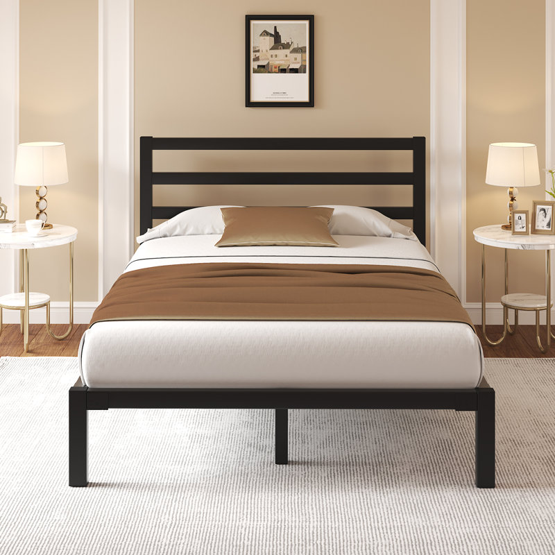 Full Elegant Metal Bed Frame with Classic Headboard, Under-Bed Storage, Easy Assembly, Black, Full, Black