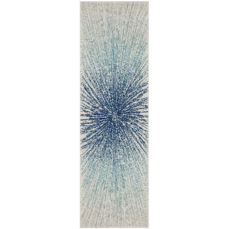 Tapis à motifs abstraits bleu royale et ivoire Faustina, Tapis de couloir 2 pi 2 po x 11 pi