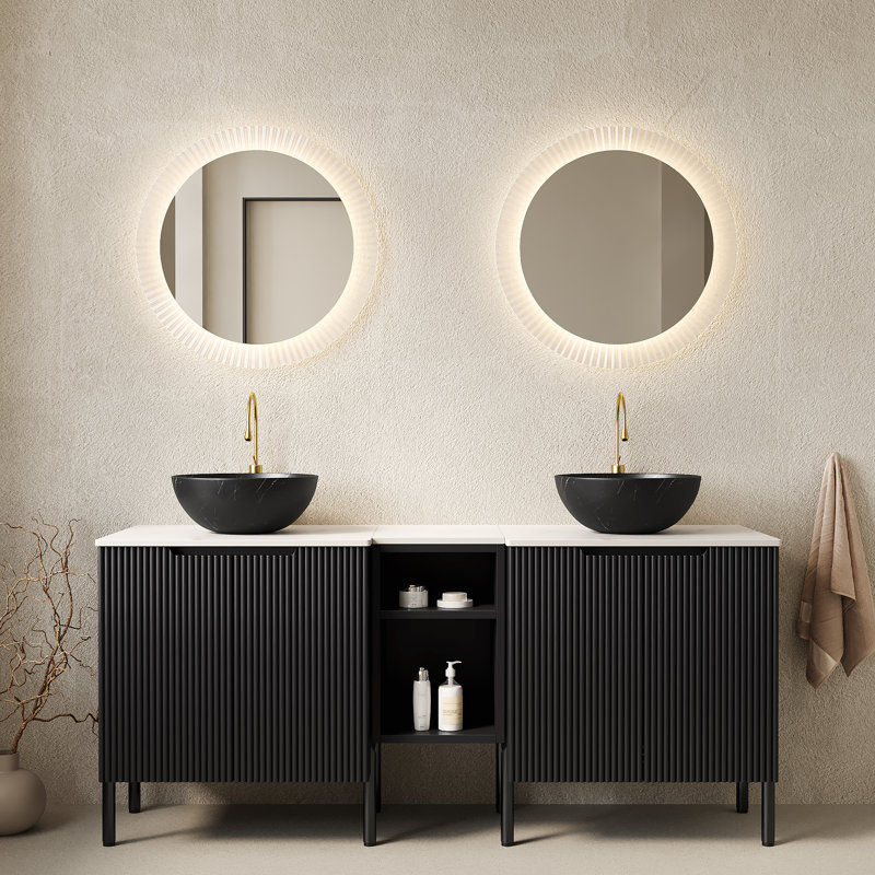 Meuble-lavabo double autoportant de 60 po avec lavabos TURIO, 2 armoires de rangement rayées de 24 po + tablette ouverte amovible de 12 po, 2 vasques noires en pierre avec comptoir Carrara blanc, noir