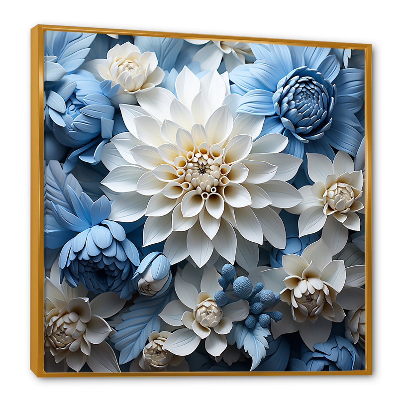 Dahlia symphonie blanche et bleue II sur toile, Cadre flottant doré, H 30 po x l 30 po x P 1 po