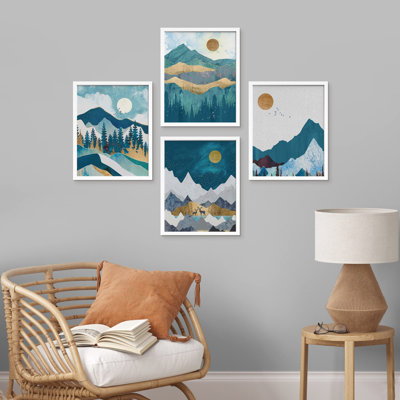 " Teal And Gold Mountain Pine Tree Forest Landscape " 4 - Pieces