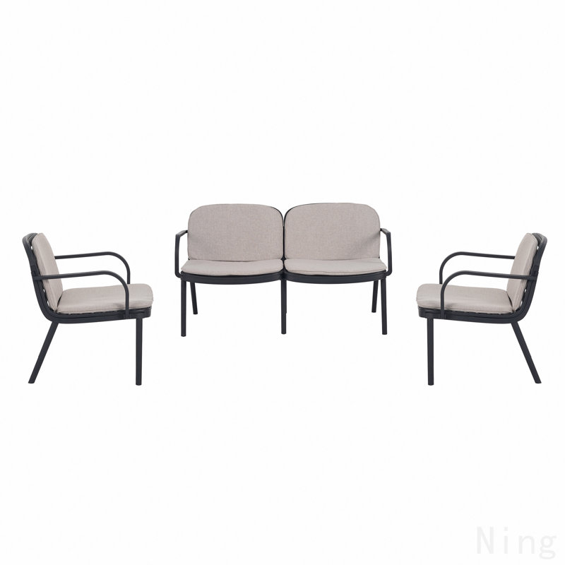Ensemble de conversation d'extérieur 3 pièces, cadre noir avec coussin beige (2 fauteuils club et 1 causeuse)