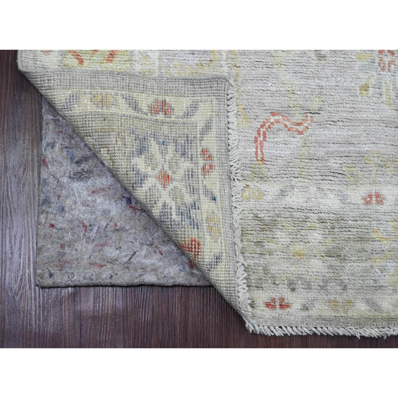 4'x5'9" Cloud Grey Hand Knotted Afghan Angora Oushak Leaf Design Wool Rug 03E64D125B6A440AB89A739AC9218906