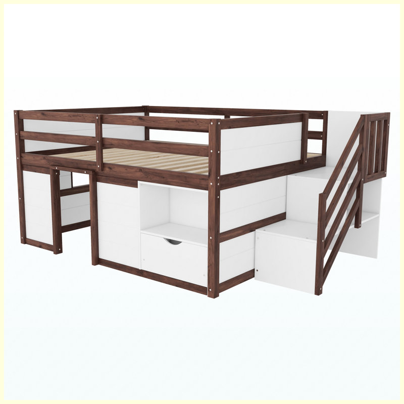 Base de lit double pleine grandeur en bois massif avec escalier intégré, tiroir de rangement et tablette pour chambre d'enfant, blanc et noyer