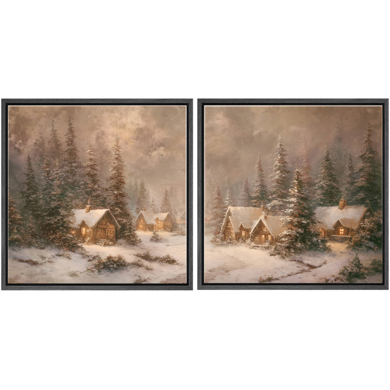 Cozy Snow Cabin Pine Forest Winter Village Night Scène, Cadre flottant noir, H 16" x l 16"