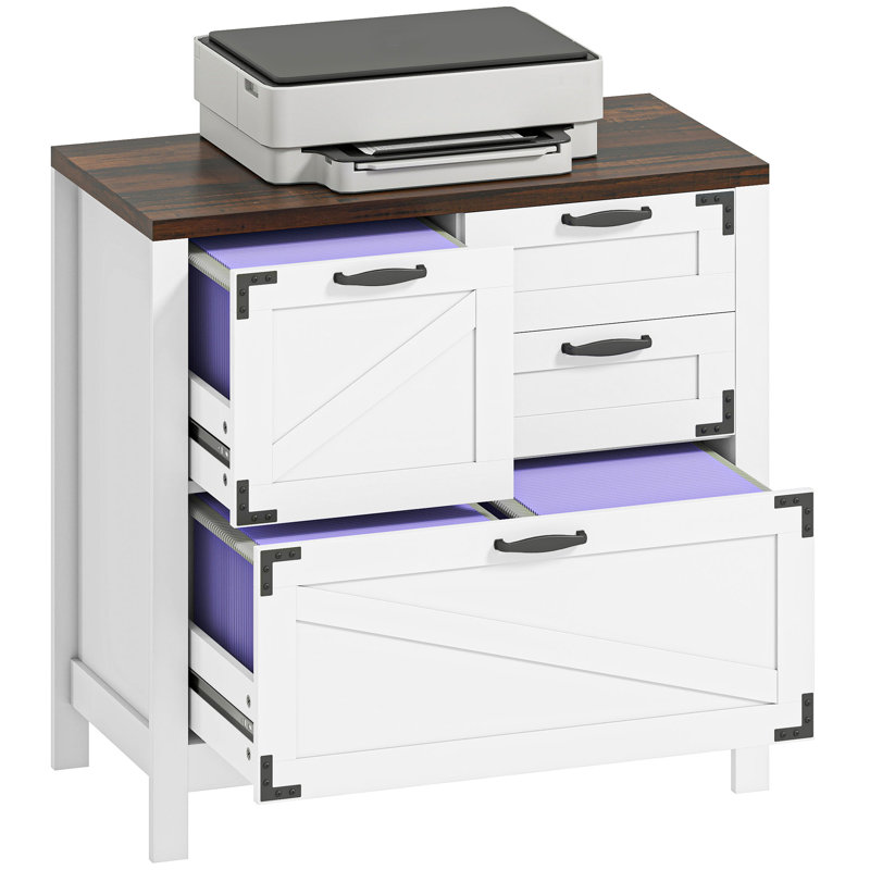 Classeur à 4 tiroirs, classeur latéral Farmhouse avec rails de suspension réglables pour dossiers de format lettre / A4 / légal, support pour imprimante pour bureau personnel, blanc, bois