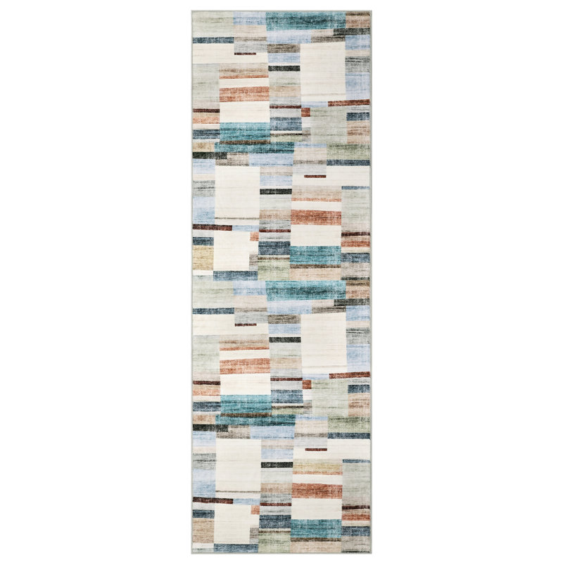 Modern Geometric Machine Washable Rug with Non-Slip Backing Non-Shedding Contemporary Accent Carpet Soft Low Pile Floor Cover for Living Room