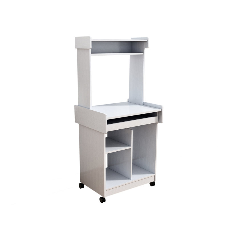 Chariot d'ordinateur pour micro-ondes avec station blanche, finition blanche, avec roulettes verrouillables et tablette coulissante blanche