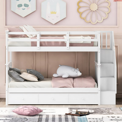 Stairway Twintwin Bunk Bed, White Color Scheme, Bedroom And Dorm Option, Storage For Bedding , Pine Legs, Handrail Bed With Three Drawers, Hue, Solution, Multi - Purpose Storage, Pine, Features