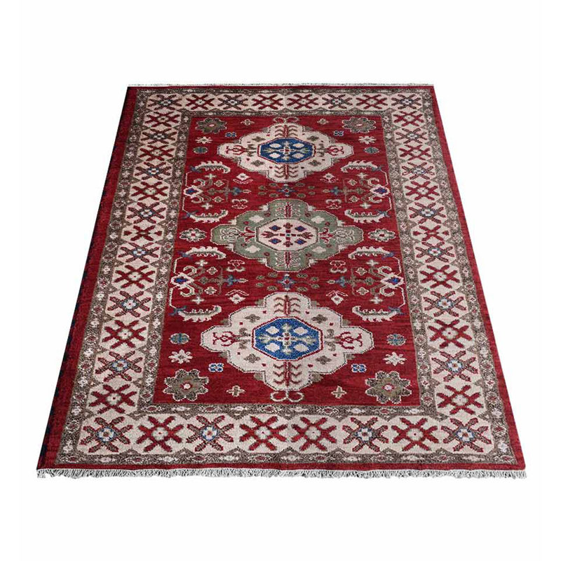 Tapis d'intérieur rectangulaire oriental noué à la main, en soie et laine rouge crème, fait à la main, Rectangle 4pi x 6 pi