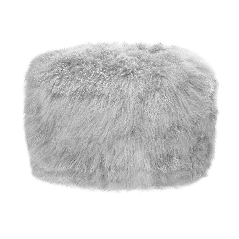 Round Tibetan Lamb Sheepskin Ottoman, 19" Diameter x 16" High, Light Gray