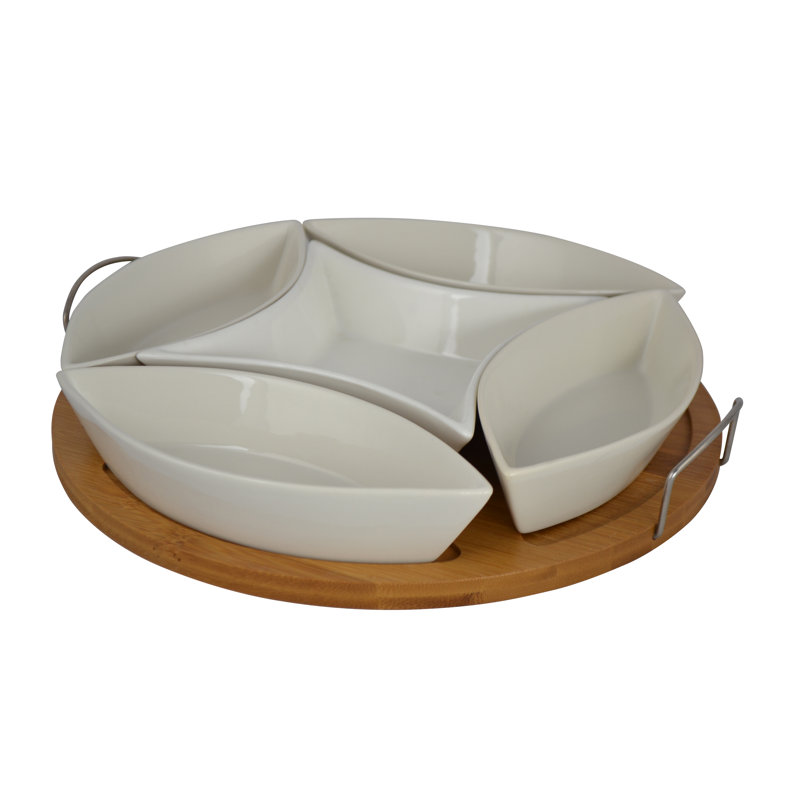 Ceramic Condiment Tray with 5 Compartments and Bamboo Base