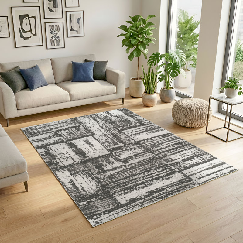 Caldwell Charcoal & Ivory Abstract High-Low Modern Rug, Charcoal/Ivory, 6'6" x 9'6"