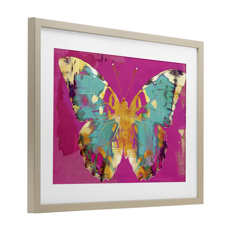 «Jewel Butterfly over Pink», reproduction encadrée sous verre, design par LSR Design Studio, Cadre de récolte en pin