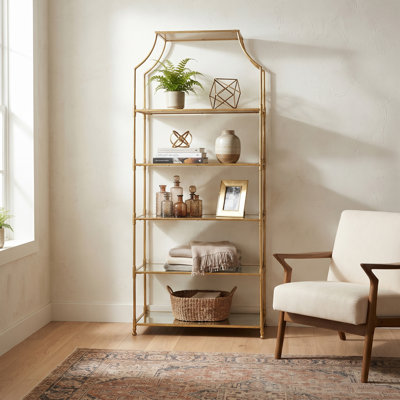 Bibliothèque étagère arquée en métal doré vieilli et verre vieilli à 5 niveaux pour salon et bureau