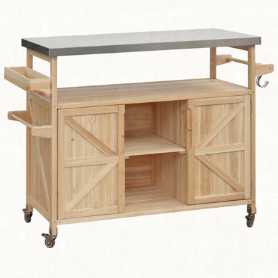 Outdoor Kitchen Island, Rolling Bar Cart & Storage Cabinet, Farmhouse Solid Wood Outdoor Grill Table with Stainless Steel Top, Spice Rack , Towel Rack for Kitchen & BBQ