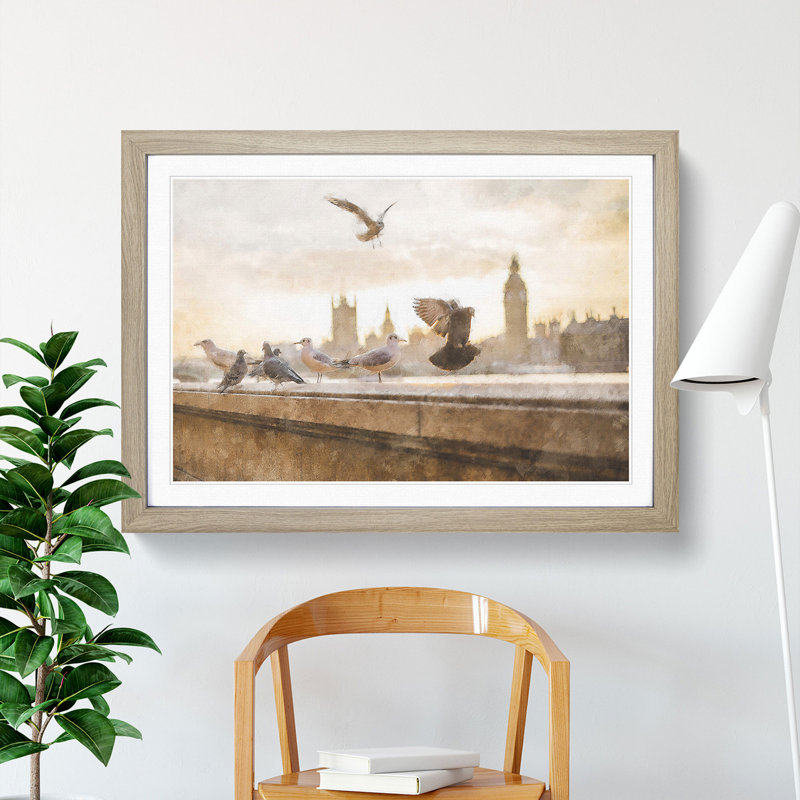 Pigeons by the Houses of Parliament - Framed Print, Oak Framed, 27cm H x 36cm W x 2cm D