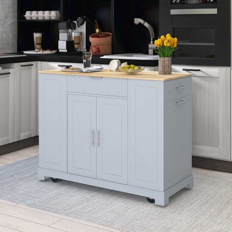 Chariot de cuisine 48,5 po en bois d'hévéa avec armoire de rangement pour poubelle et prise de courant