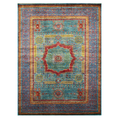 Tapis bleu / or / rouge noué à la main de haute qualité