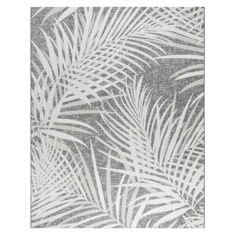 Paseo Paume All-Weather Flatweave Indoor/Outdoor Area Rug, Dark Gray Ivory Palm Leaf – Patio, Deck, Porch & Living Room