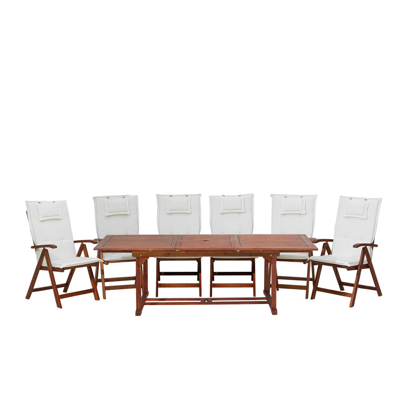 Ania 6 - Person Acacia Wood Patio Dining Set with Rectangular Table , Cushions Included, Off-White