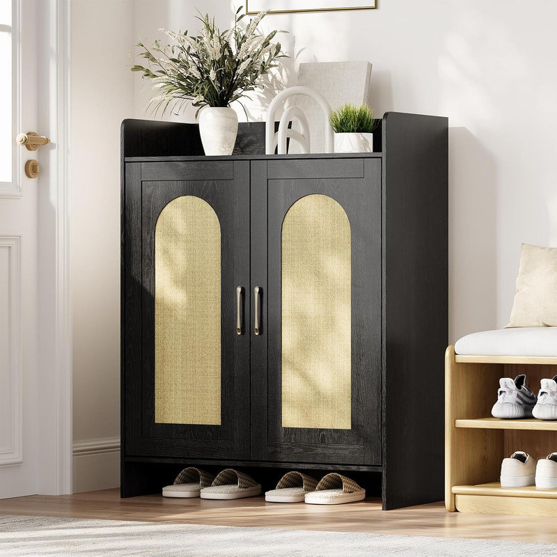 Shoe Cabinet for Entryway, Rattan Storage Cabinet with 2 Doors, Wooden Farmhouse Boho Shoe Organizer for Hallway Living Room