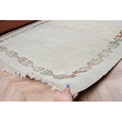 Large Vintage Turkish Rug in Beige Wool for Kitchen and Dining Room Spaces